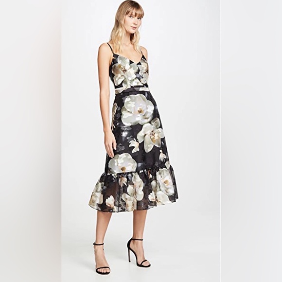 Marchesa Dresses & Skirts - NWT Marchesa Notte Black Floral Cocktail Dress 4 Wedding Guest Midi